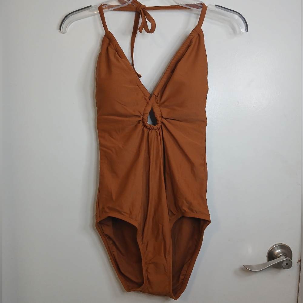 Brown One Piece Keyhole Halter Tie Neck Swimsuit M NWOT Kona Sol